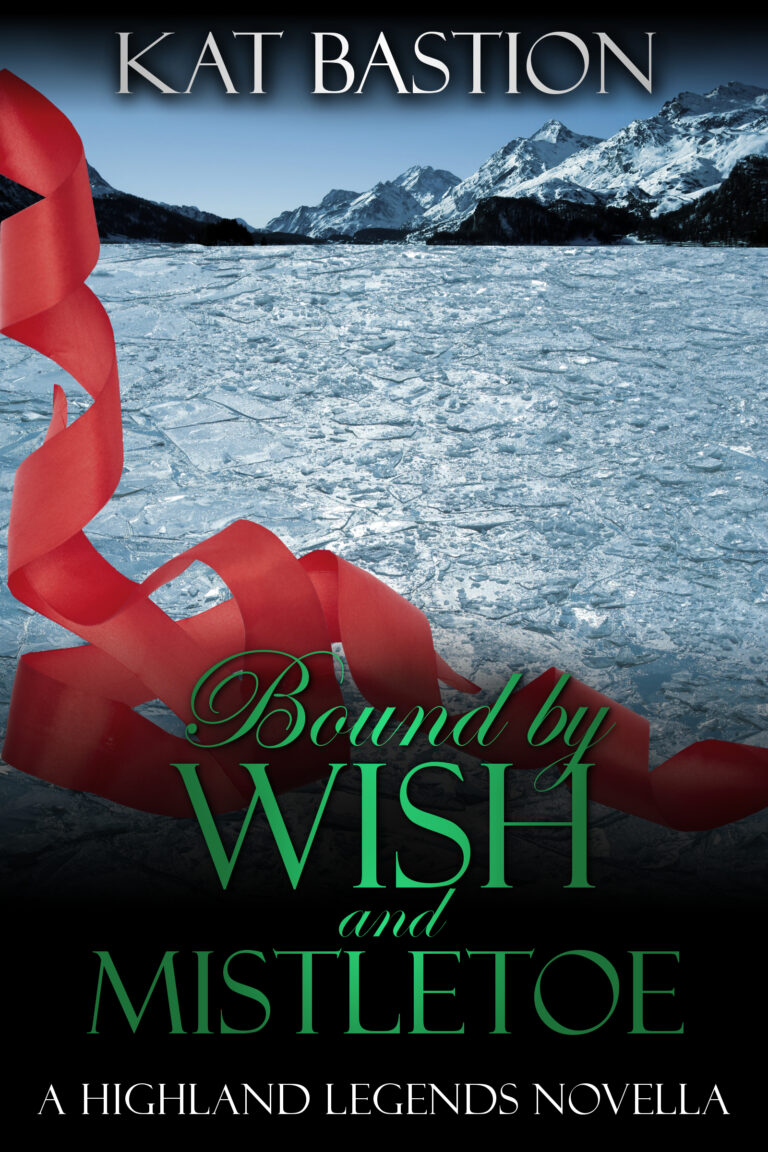 Cover of book two in Kat Bastion's Award-winning Highland Legends series, Bound by Wish and Mistletoe, with spiraled red ribbon tumbling down in foreground behind green book title, icy Scottish Highlands loch in midground, snowy mountains on the horizon