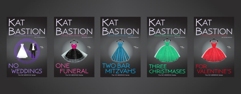 Kat Bastion No Weddings Series all five new covers with dresses on them centered over gray background No Weddings a purple null symbol over a bridal gown and groom tux One Funeral a bright pink and black dress Two Bar Mitzvahs a blue dress Three Christmases a green dress and For Valentine's a red dress