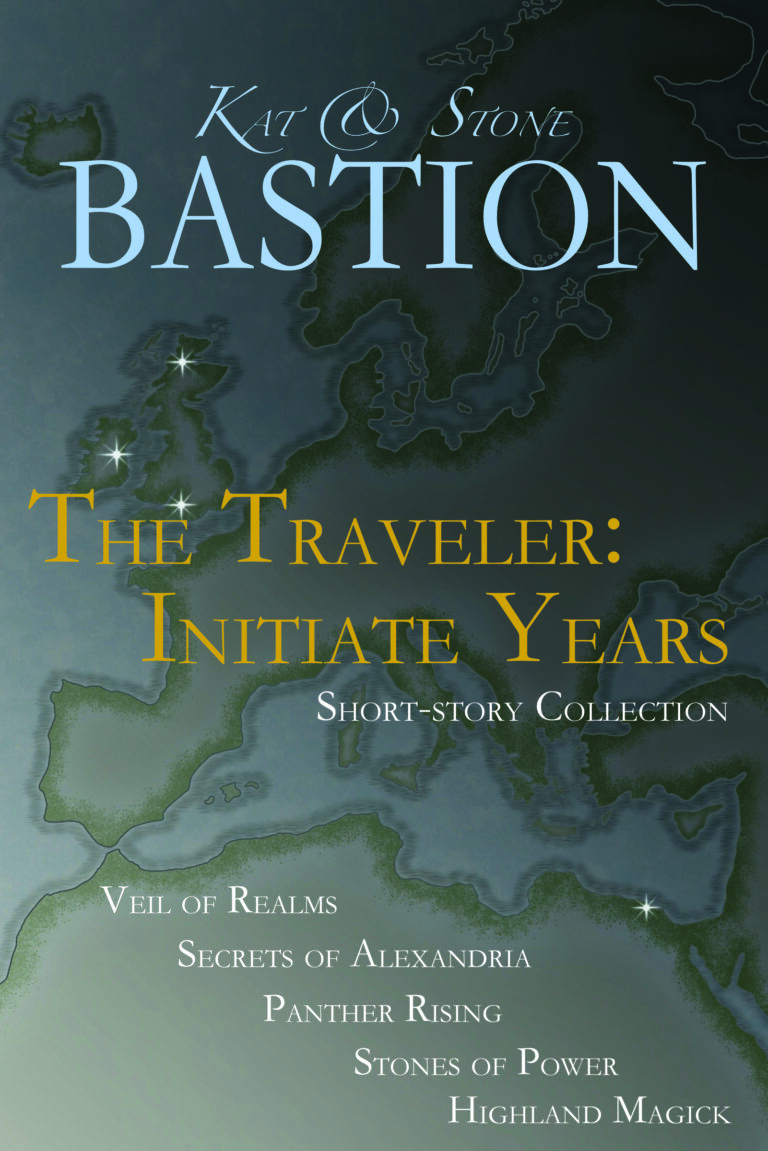 Cover of Kat Bastion's Short-story Collection Books 1-5 The Traveler Initiate Years, illustrated map of Europe, the Mediterranean, and Northern Africa, with points of light showing story locations of the Library of Alexandria, Ireland's Newgrange, England's Stonehenge, and the Scottish Highlands, authors Kat and Stone Bastion names in pale blue at top, collection title in gold and white in middle, five story titles staggered diagonally at the bottom, Veil of Realms, Secrets of Alexandria, Panther Rising, Stones of Power, Highland Magick