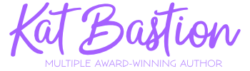 Official Kat Bastion Author Logo with purple Kat Bastion in thick script and purple multiple award-winning author in thin capitalized block lettering