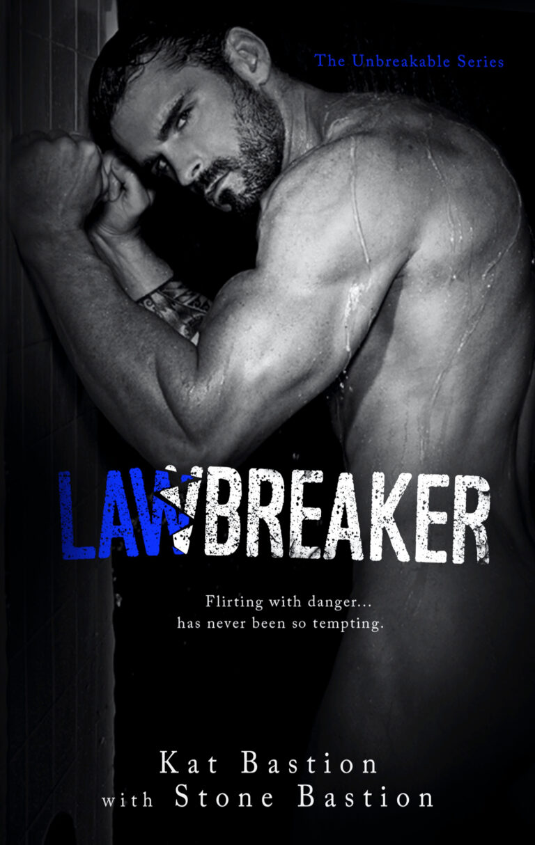 New adult romance Lawbreaker cover from The Unbreakable Series by Kat Bastion with Stone Bastion with sexy wet shirtless male model Stuart Reardon with fists against white shower tiles, water running down shoulders and back, and intense expression and blue-and-white Lawbreaker title in broken scuffed block font