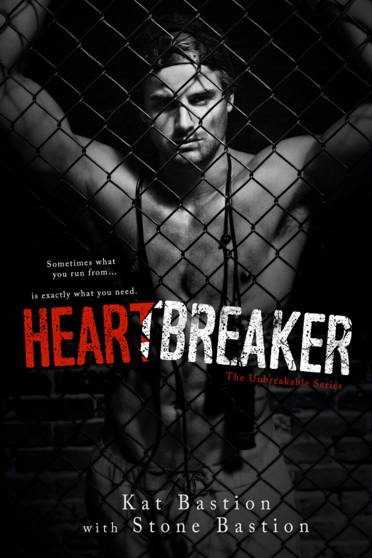 New adult romance Heartbreaker cover from The Unbreakable Series by Kat Bastion with Stone Bastion with sexy shirtless male actor model Hollis W. Chambers on cover with backwards baseball cap on head, jumprope around neck, arms up leaning against chainlink fence with intense expression and red-and-white Heartbreaker title in broken scuffed block font