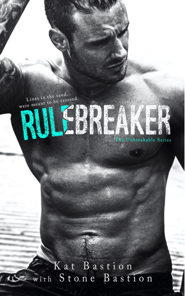 New adult romance Rule Breaker cover from The Unbreakable Series by Kat Bastion with Stone Bastion with sexy shirtless male model Jase Dean in wet swim trunks with ocean background, hand up in wet hair and intense expression and turquoise-and-white Rule Breaker title in broken scuffed block font
