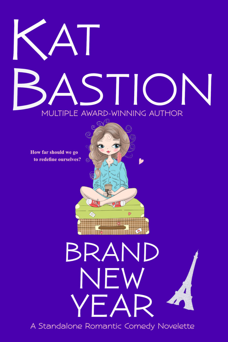 Kat Bastion romantic comedy Brand New Year novelette purple cover illustration girl sitting on suitcases holding coffee dreaming of Eiffel Tower