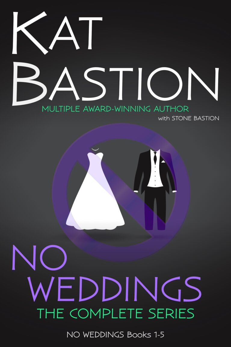 No Weddings The Complete Series Cover romantic comedy purple null symbol over bridal dress and groom tuxedo
